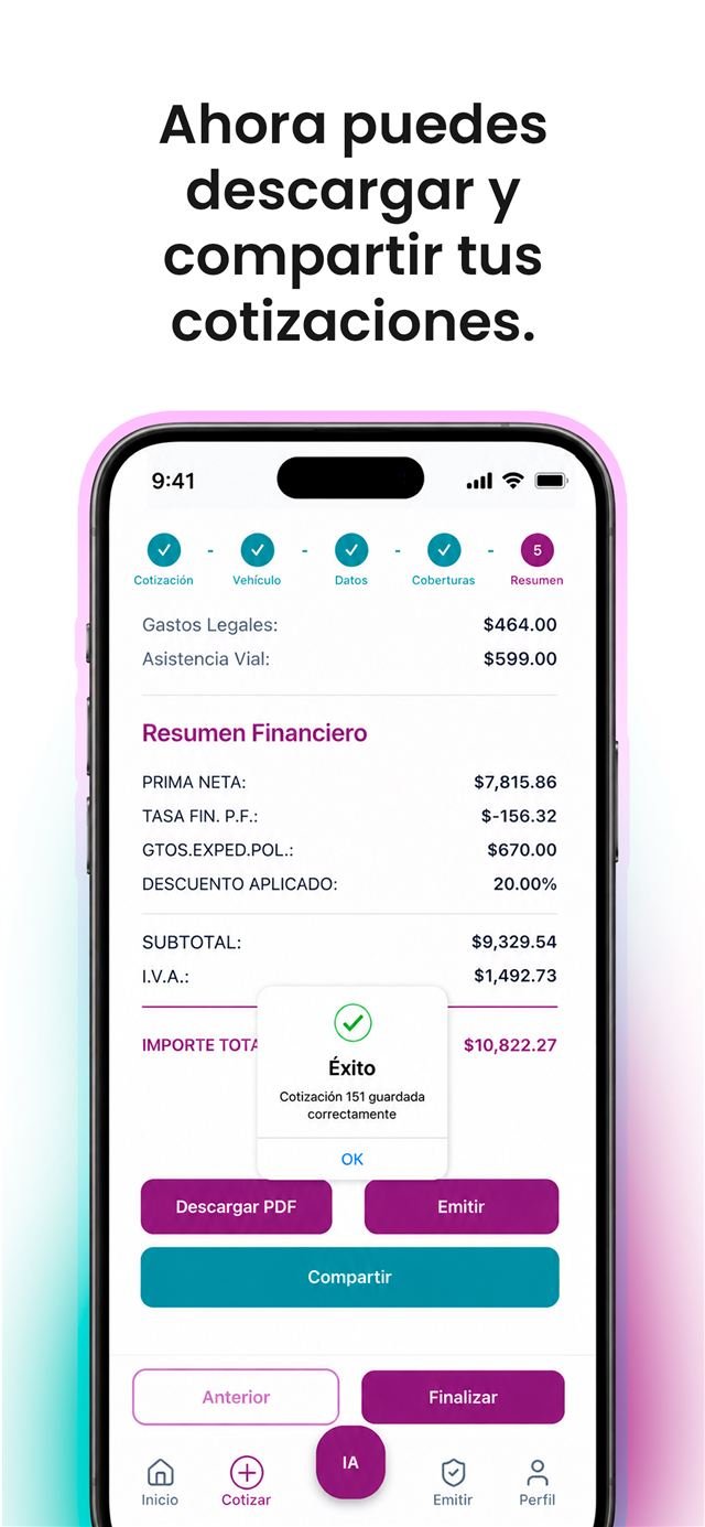 Resumen de cotización con opciones para descargar en PDF y compartir